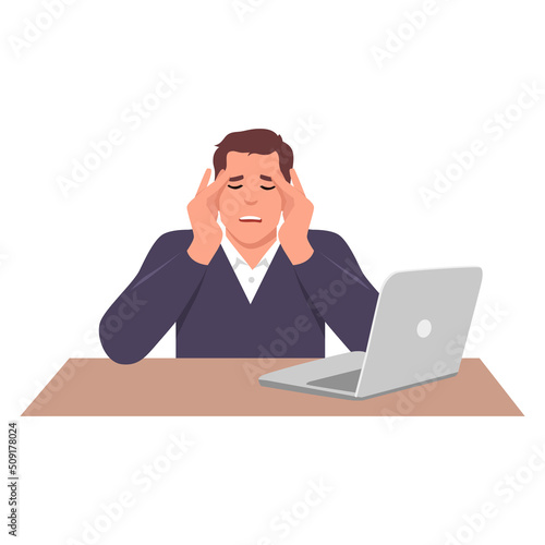 Young stressed man cartoon character clutched his head in panic. The bad news. Flat vector illustration isolated on white background