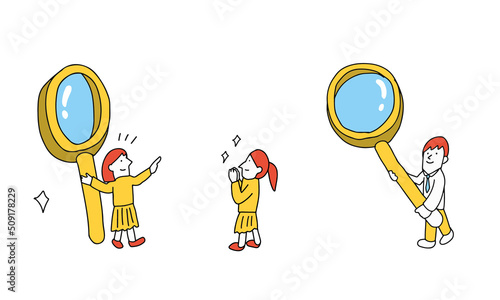 ルーペをもって良く見ようとしている学生のイラスト