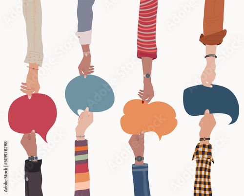Agreement or affair between a group of colleagues or collaborators.Diversity People who exchange information.Community.Arms and hands holding speech bubble.Concept of sharing and exchange