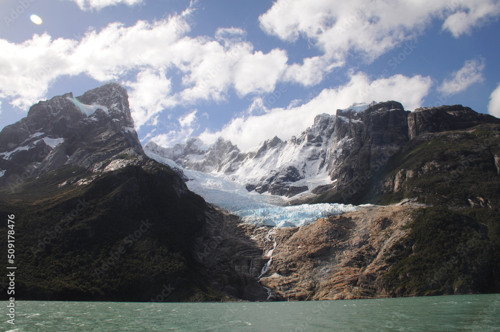 Glacier in mountains of Torres del Paine national park, southern Patagonia in Chile	