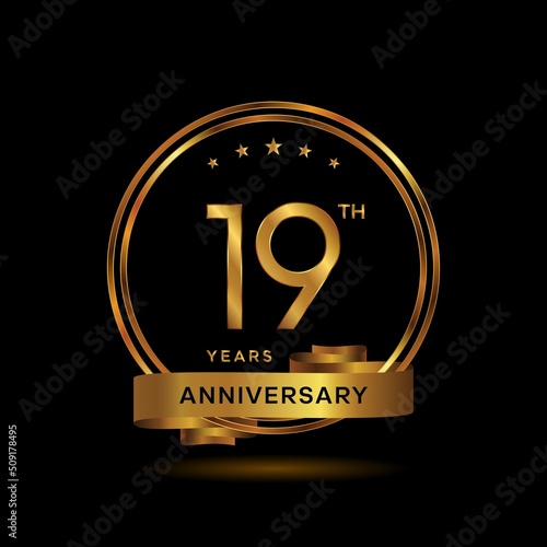 19 years anniversary logo with gold color and ribbon for booklet, leaflet, magazine, brochure poster, banner, web, invitation or greeting card. Vector illustrations.