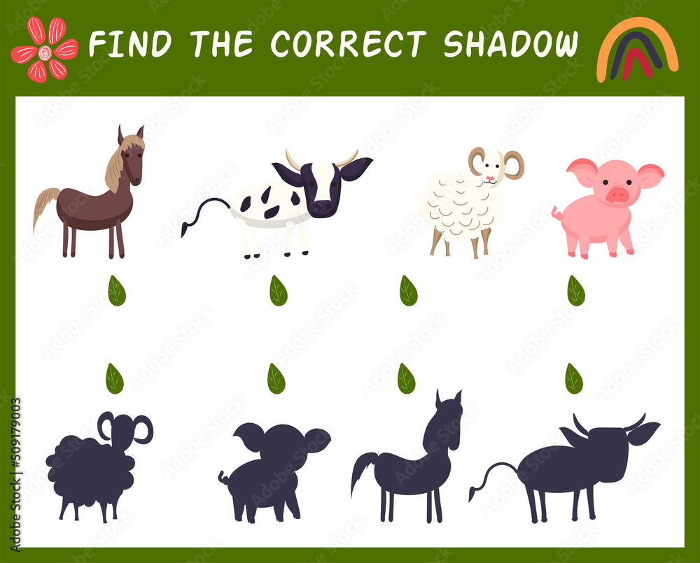 Obraz premium Find the correct shadow wit farm animals. Matching game for kid with cow, horse, sheep, pig