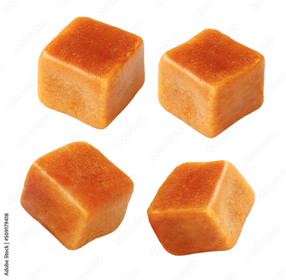 Set of caramel cubes isolated. Caramel candies on white. Set of caramel cubes isolated. Caramel candies on white.