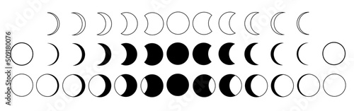 
Moon phase. Lunar cycle black icons set. Stages of the full moon, the crescent of the planet. Moon calendar. Vector illustration