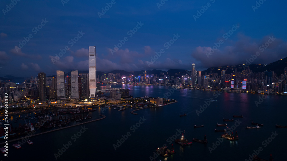 Hong Kong cityscape during sunset  in west kowloon zone