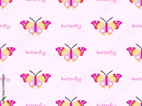 Butterfly cartoon character seamless pattern on pink background. Pixel style..