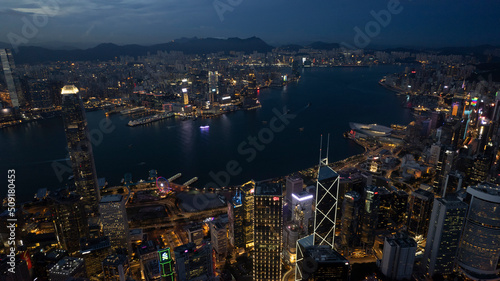 Victoria Harbour in drone point of view at night