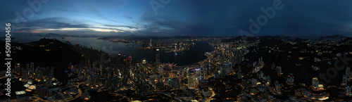 Victoria Harbour in drone point of view at night in panoramic mood