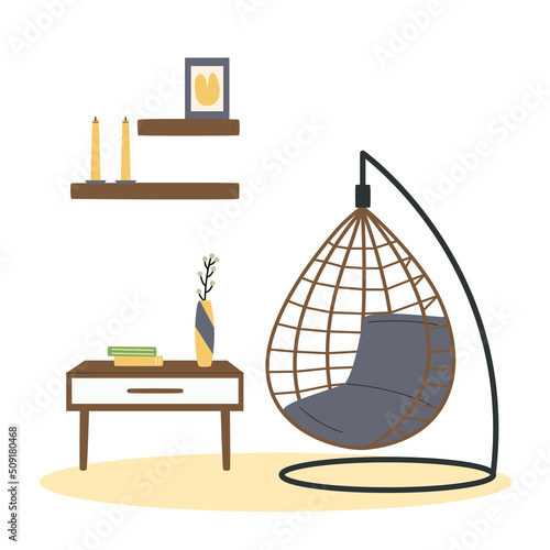 Scandinavian interior. Armchair and table. Cozy living room flat vector illustration. Trendy scandinavian hygge interior.