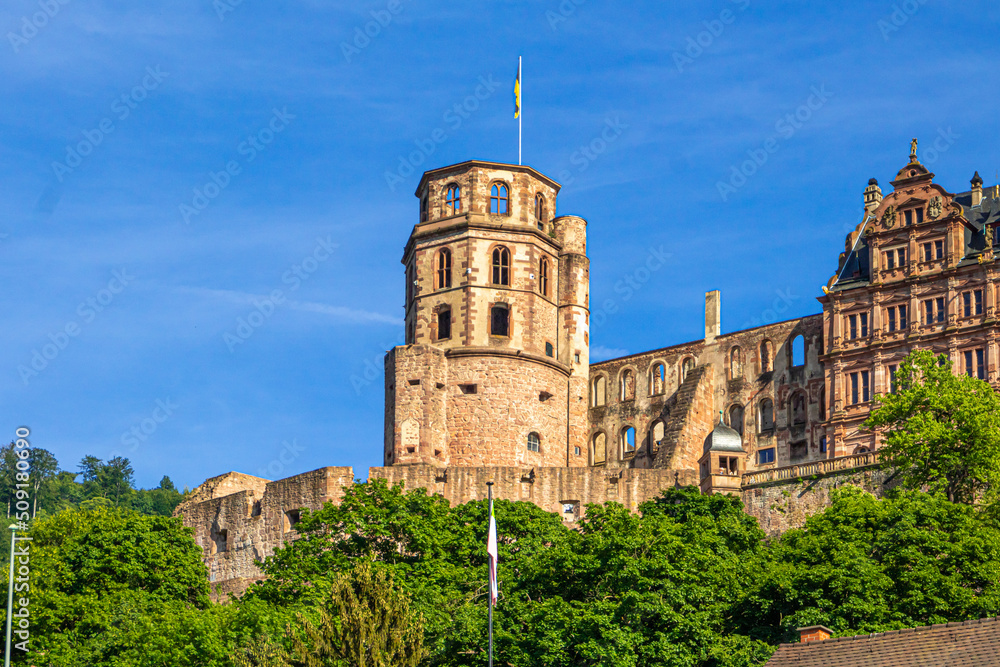 Close up view of the ruin of heidelberg castle. A famous landmark and tourist attraction in Germany