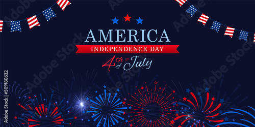 United states of america 4th of July celebration greeting banner with firework and typography design on navy blue background. Vector design.