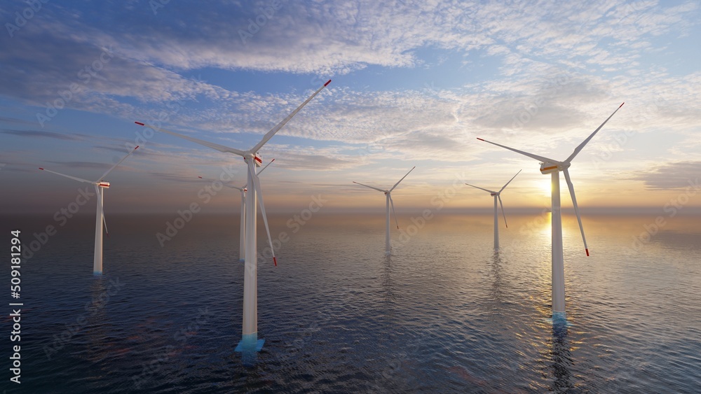 7680x4320. Offshore wind turbines farm on the ocean. Sustainable energy production, clean power, windmill. 3D Rendering.