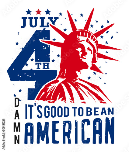 Modern 4th of July sign, symbol, t-shirt illustration design with the statue of liberty and us flag. Vector design.