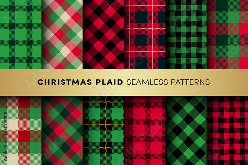 Christmas Plaids seamless pattens set. Vector Checkered, Buffalo, Tartan red and green plaids textured background. Traditional fabric print collection. Holiday plaid texture for fashion, design, print