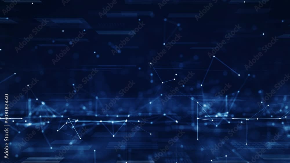 Abstract concept of digital technology and online cybersecurity data protection. Slow moving polygon internet network connection with dark blue background. front focus back blur. Big data.