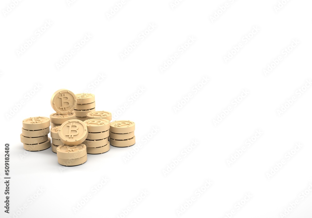 Golden Bitcoins stacked on a white background Golden Bitcoins stacked on a white background