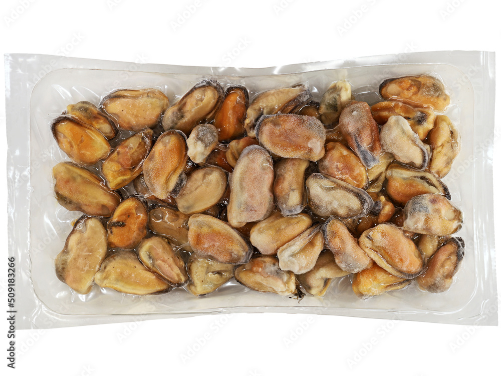 top view of vacuum packed, frozen mussels without a shell isolated on white background top view of vacuum packed, frozen mussels without a shell isolated on white background