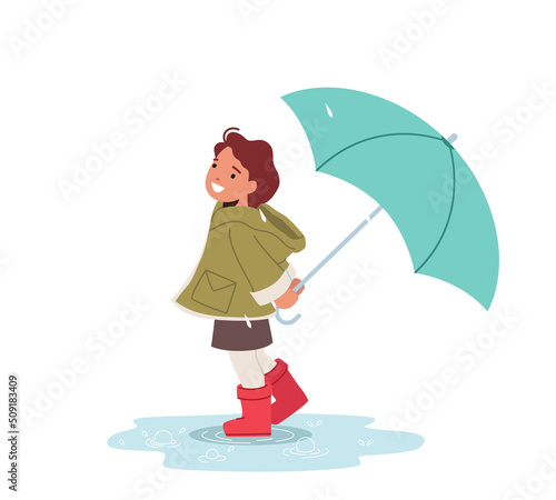 Happy Little Girl with Umbrella Walk on Street. Little Baby Character in Rubber Boots Stand in Puddle. Cheerful Child