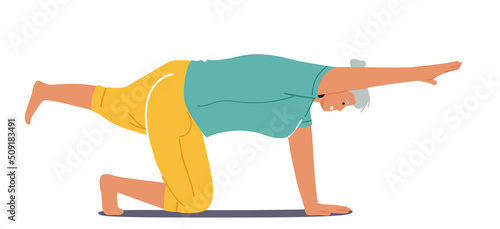 Elderly Female Character Yoga, Stretching, Pilates Practice . Isolated Senior Woman Fitness, Sport Exercises and Healthy Lifestyle