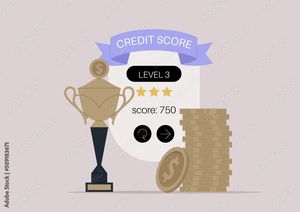 Banking concept, a computer game screen showing a credit score rating