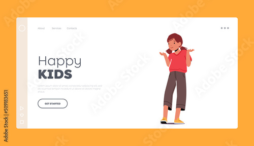 Happy Kids Landing Page Template. Little Girl Confused Facial Expression, Kid Emotion, Child Character Feelings Concept