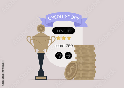 Banking concept, a computer game screen showing a credit score rating