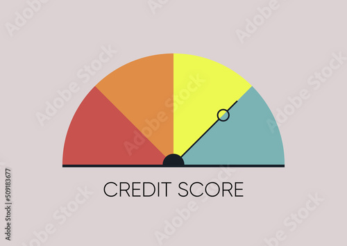 A credit score infographics, a semi-circle dashboard with four colorful sectors and an arrow