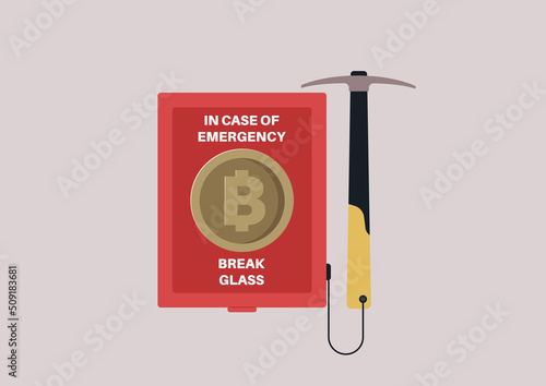 A web 3.0 concept, a bitcoin in a red emergency case and a pick-axe attached to it