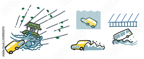豪雨時の車の被害いろいろ　セット　イラスト素材
