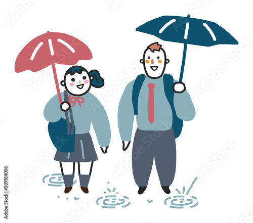 豪雨に見舞われ戸惑う男女の学生と浸水　イラスト素材	
