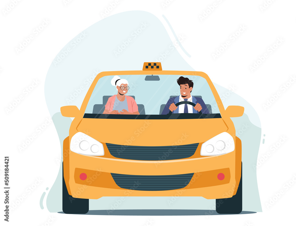 Old Lady or Granny Using Automobile Service. Taxi Driver and Elderly Woman Characters Sitting in Front Seat of Cab Old Lady or Granny Using Automobile Service. Taxi Driver and Elderly Woman Characters Sitting in Front Seat of Cab