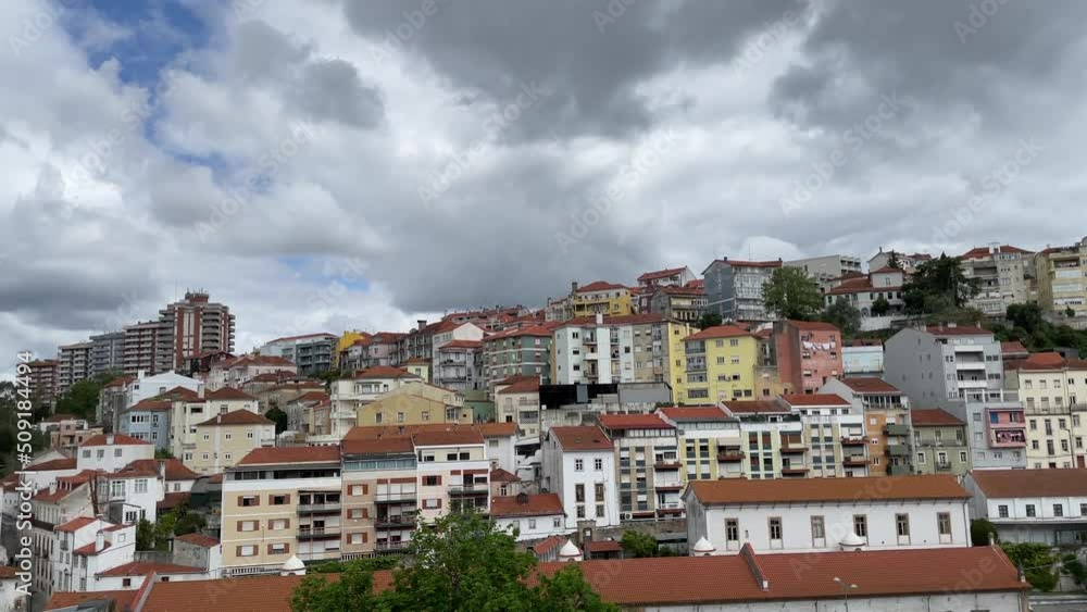 Cityscape view of coimbra city, Portugal, Panning shot