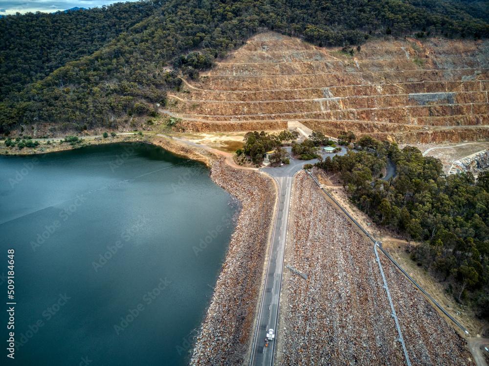 Aerial view of the Dartmouth Dam wall, Victoria, Australia. November 2021. It is the largest capacity storage in the River Murray system and was 85% full at this time.