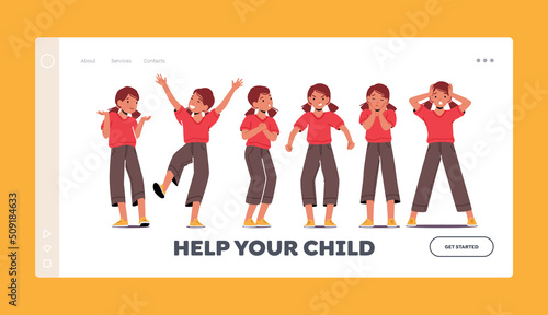 Help your Child Landing Page Template. Kid Emotions Surprised, Happy, Shocked, Angry and Crying Facial Expressions