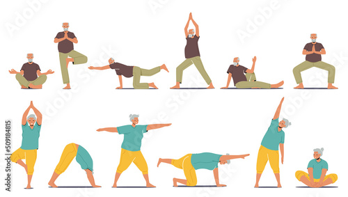 Set of Senior Male and Female Characters Practicing Yoga and Meditation. Elderly People Active Healthy Lifestyle, Sports