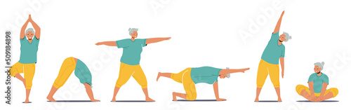 Set of Elderly Female Characters Practice Yoga Meditation, Asana and Stretching. Old Woman Emotional Balance, Harmony