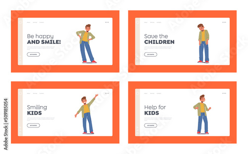 Different Kid Emotions Landing Page Template Set. Teen Boy Facial Expression, Sad, Happy, Angry, Confident and Bored