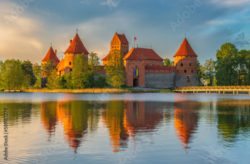 Beautiful evening landscape image of Trakai castle
