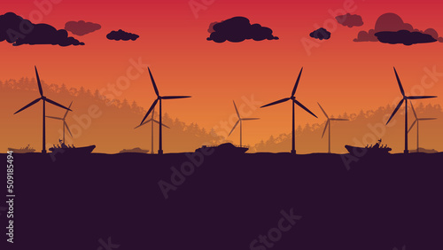 silhouette of speed boat ship in the sea and wind turbine on orange gradient background