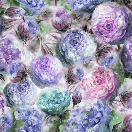 Beautiful blue roses flowers with green leaves on background. Seamless floral pattern. Watercolor painting. Hand drawn illustration.