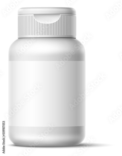 Bubblegum bottle. Realistic chewing gum pads packaging. Closed jar with blank label and lid. Dental hygiene. Refreshing and whitening candies vial. Vector chewy pillows package mockup