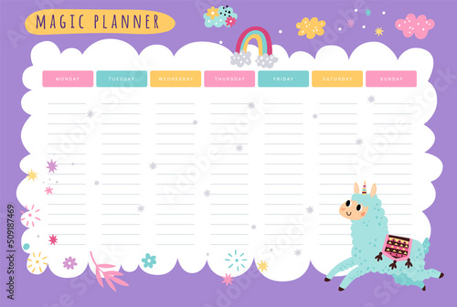 Cute llamas weekly planner. Magic alpaca unicorn. Kids schedule of classes. Rainbow and clouds. School organizer with funny animal. Lessons planning. Vector blank timetable cartoon design