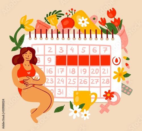 Menstrual or ovulation cycle calendar. Woman sitting near large table with PMS period marks. Menstruation control. Female hormones and reproductive system. Menses organizer. Vector concept