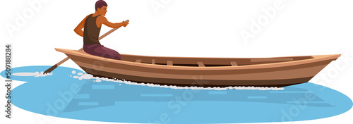 Indian boatman working. rowing on a canal boat