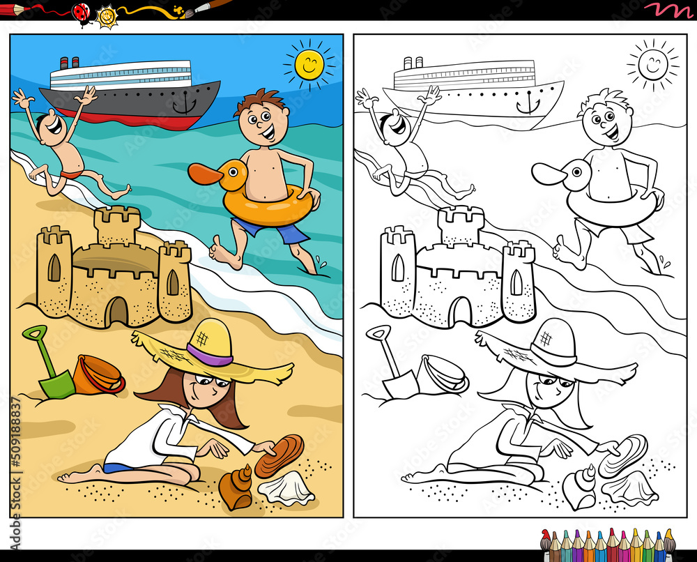 cartoon children spending vacation on the beach coloring page