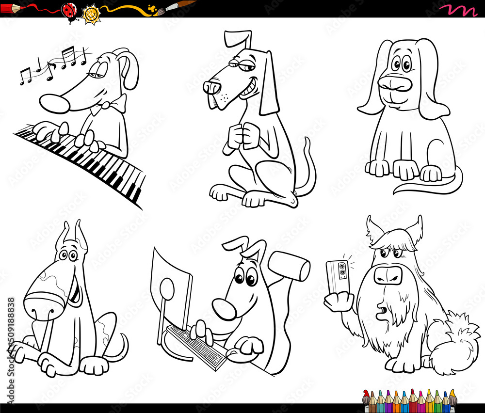cartoon dogs animal characters set coloring book page Stock Vector ...
