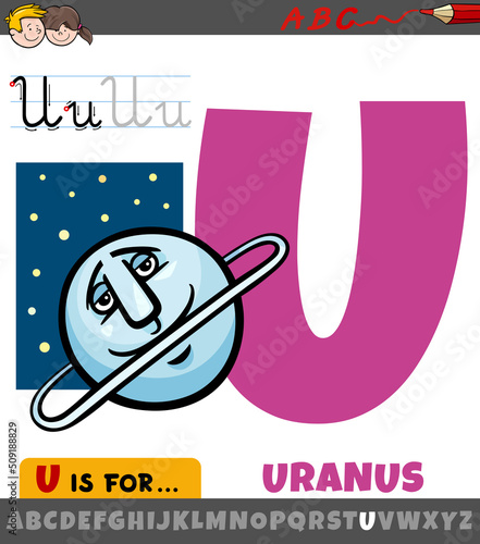 letter U from alphabet with cartoon uranus planet