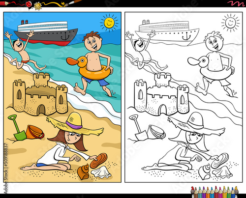 cartoon children spending vacation on the beach coloring page