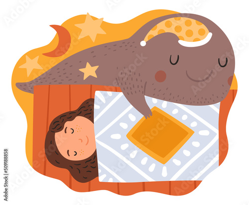 Children dreams. Little dreamer with fictional friend. Girl sleeping in bed and fantasy monster. Imaginary creature. Preschool kid imagination. Vector baby and bizarre animal friendship