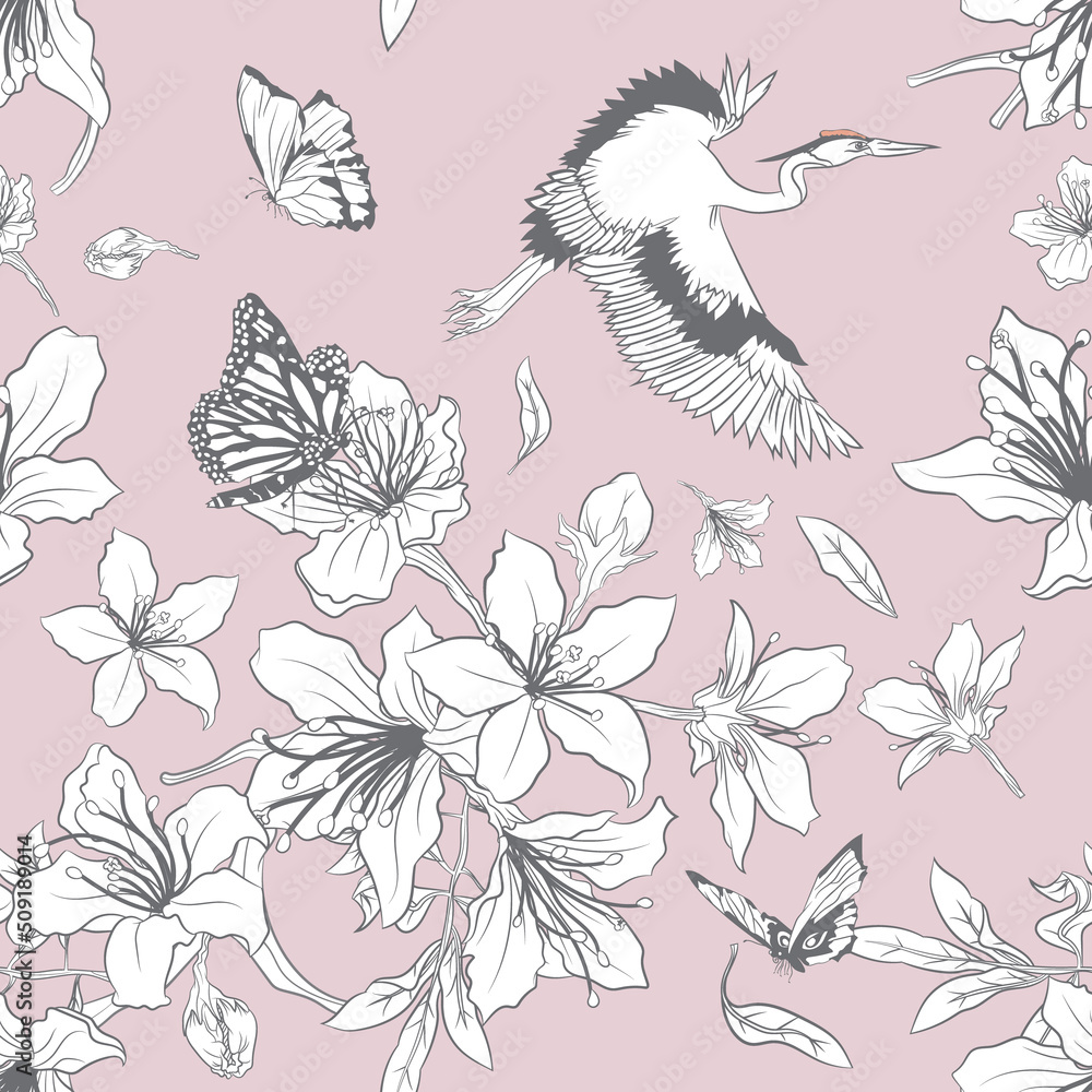 Obraz premium Beautiful floral line art seamless pattern